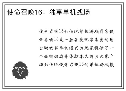 使命召唤16：独享单机战场