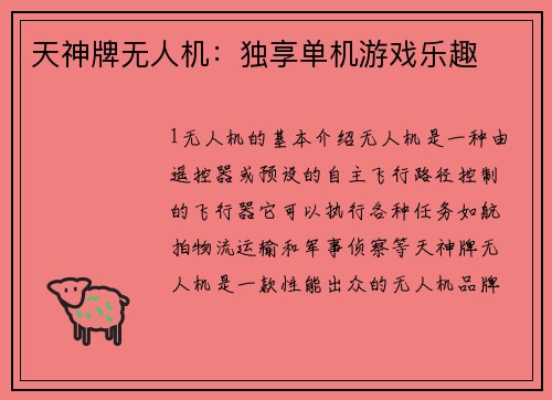 天神牌无人机：独享单机游戏乐趣