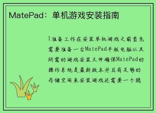 MatePad：单机游戏安装指南