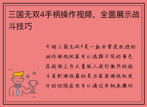 三国无双4手柄操作视频，全面展示战斗技巧