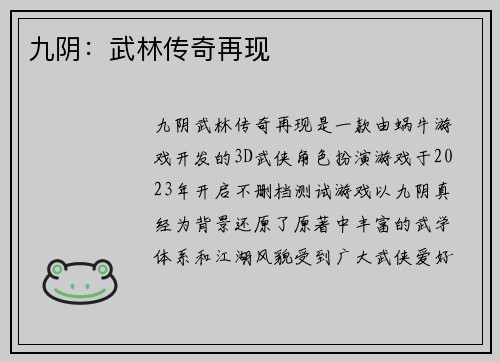 九阴：武林传奇再现
