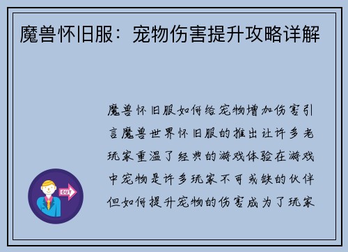 魔兽怀旧服：宠物伤害提升攻略详解